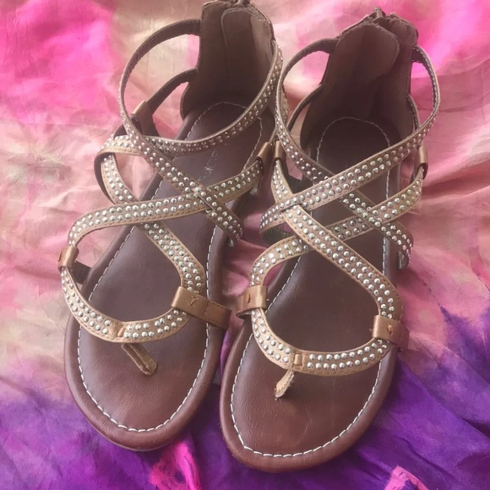 Cherokee Girls Rhinestone Gladiator Sandals Zip Back Metallic Sparkle Size 2